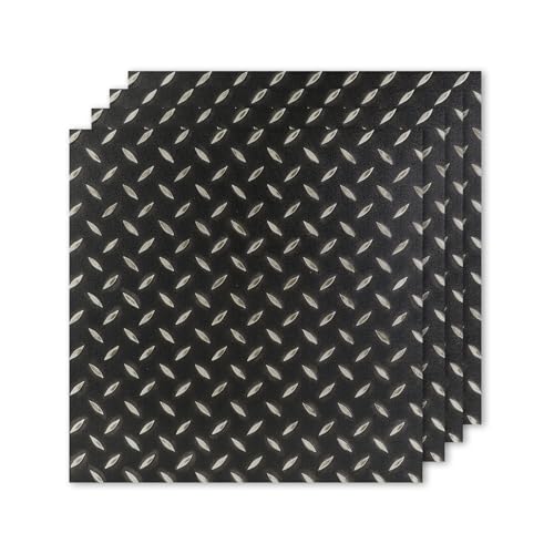 PVC製縞鋼板 ガレージフロアタイル スチールメタル鋼版模様 PVCタイル チェッカープレート DIY車フロアマット 屋外縞鋼板柄フロアマット バイク用 倉庫 棚 屋外マット 駐車場 錆無い (メタルブラック, 4枚(約0.5畳))