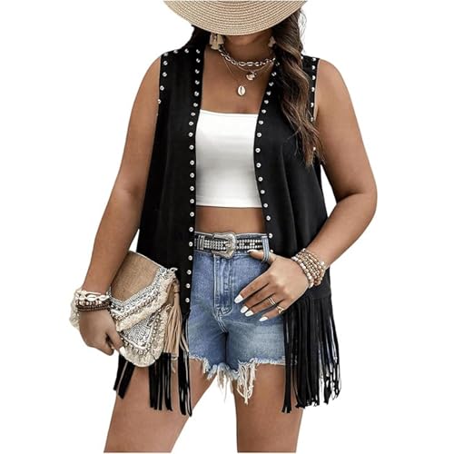 Womens Sleeveless Fringe Vest 70s Hippie Open Front Faux Suede Vest Tops Cowgirl Western Jacket Cardigan