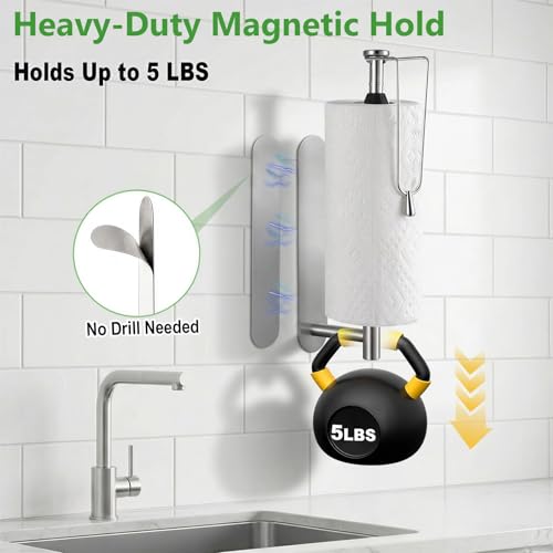 Image of KIHOGEM Magnetic Paper Towel Holder for Fridge, Stainless Steel Paper Towel Holder Magnetic with Gravity-Weighted Arm, Kitchen Paper Towel Holder with 2 Metal Plates for Wall, Cabinet, RV