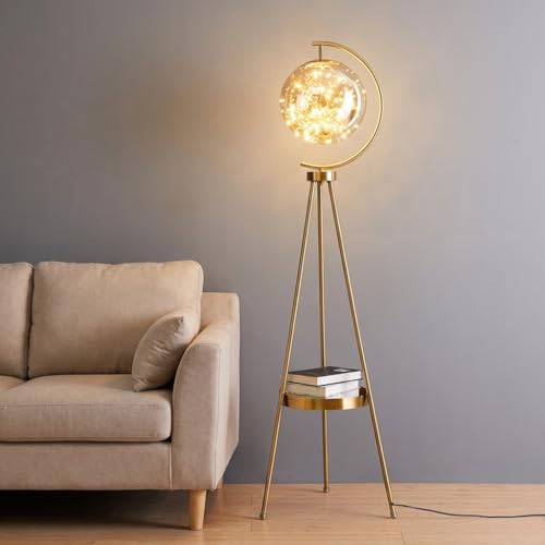 Image of Floor Lamp for Living Room | 3-Color CCT (Warm + Natural + Cold White) | Gold Metal Tripod with Glass Globe | LED Standing Lamp