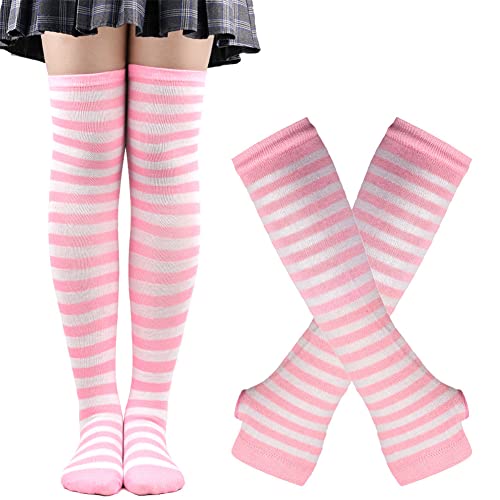 Women Striped Knee High Socks Knit Arm Warmers Long Fingerless Gloves Set