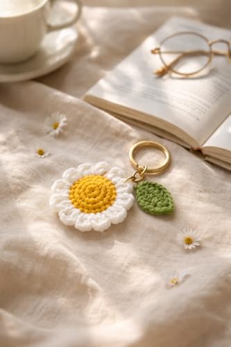 Image of Handmade Crochet Sunflower Keychain for Women & Girls, Cute Yellow Flower Key Ring Charm, Soft Yarn Knitted Gift, Bag Charm, Car Key Holder, Aesthetic Handmade Floral Accessory