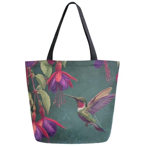 Hummingbird Taxus Flowers Extra Large Canvas Gym Shoulder Tote,Durable Daily Reusable Top Handle Bag for Mens Womens Yoga Weekender Picnic Beach Travel Market Shopping