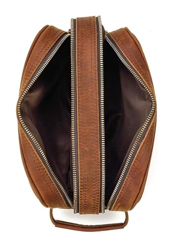 Leather Travel Overnight Toiletry Bag, Cosmetic Organizer, Shaving Bag, Makeup Case, Storage Pouch for Brushes & Jewelry (Brown)3