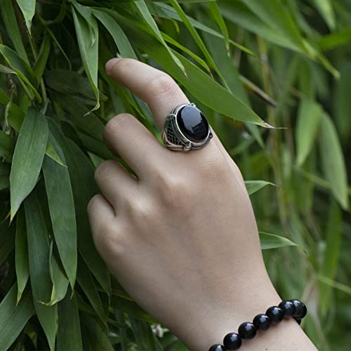 Skoomen Sterling Silver Men's Ring, Black Agate Ring With Jewelry Box, Handmade Statement Ring With Gemstone, Large Oval Biker Punk Band, Mens Signet Band Ring (Size 10) #TOP1