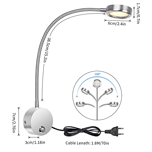 ERWEY Lampe de Lecture Murale, Lampe de Chevet LED Chambre Applique avec Bouton Tactile Lumière Réglable 3000K-6000K, 3W 360° Lampe Col de Cygne Flexible avec Port de Charge USB, Argent - Image 4