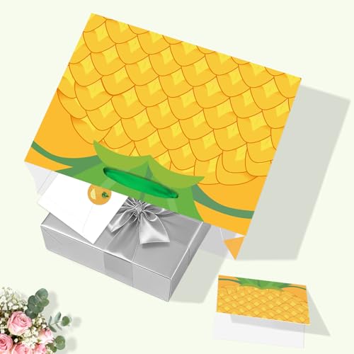 Cute Pineapple Gift Bag Set Tropical Pineapple All-in-One Gift Wrapping Kit with Greeting Card, Sticker, Envelope and Tissue Paper for Birthday, Baby Shower, Summer Beach, Luau Party Favors Decor
