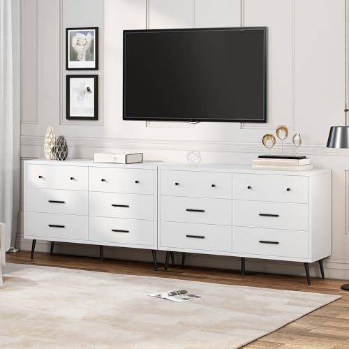 DWVO White 6-Drawer Dresser, Modern Wooden Chest of Drawers with Black Metal Handles & Anti-Tip Safety, Stylish Storage Cabinet for Bedroom, Living Room, Hallway, or Entryway