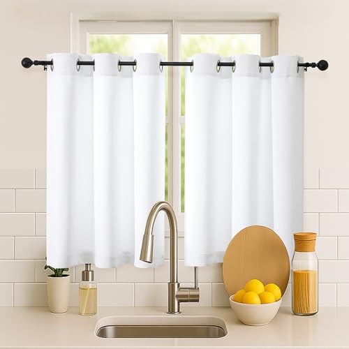 Image of Simplebrand Pure White Short Cafe Curtains 36 Inch Length 2 Panels Set, Light Filtering Half Window Grommet Privacy Drape Tiers for Kitchen, Privacy Soft Curtains for Bathroom Shades, W40 x L36