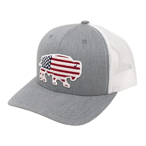 Red Dirt Hat Company Buffalo Patch Adjustable Snapback Hat, Trucker Cap w/Ventilated Mesh Back & Snap, Structured Baseball Cap for Men & Women - USA Buffalo, Heather Grey/White, One Size Fits All
