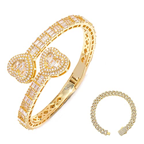 Lulu Mel Iced Out Baguette Gold Plated Cubic Zirconia Bangle Bracelet Classic Spring Clasps 9Mm Cuban Link Chain Necklace Bundles Of 2(7 Inches Bracelet& 6" Cuban Link Bracelet) #TOP16