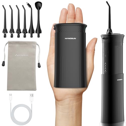 HANGSUN Portable Travel Water Flosser - Compact Cordless,30 Days Battery, Deep Plaque Removal, 4 Modes with DIY, 6 Nozzles for Sensitive Gums&Braces, IPX7, Telescopic 180ml Tank, Rechargeable, Black