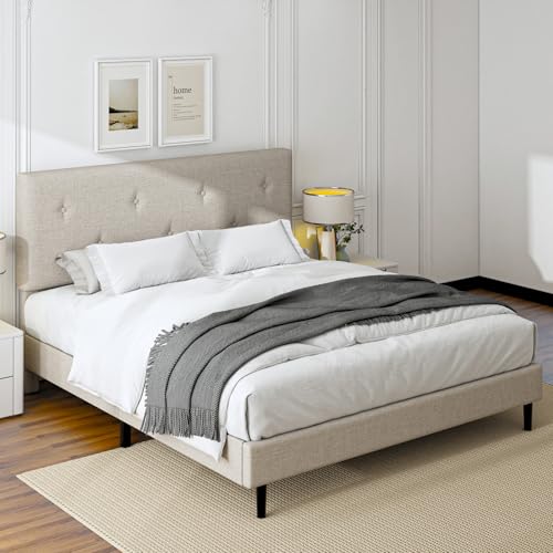 King Size Upholstered Bed Frame with Adjustable Headboard