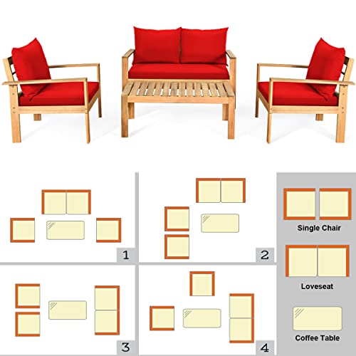 Tangkula Outdoor 4-Piece Acacia Wood Chat Set, 4 Seater Acacia Wood Conversation Sofa And Table Set With Water Resistant Cushions, Teak Finished (1, Red) #TOP7