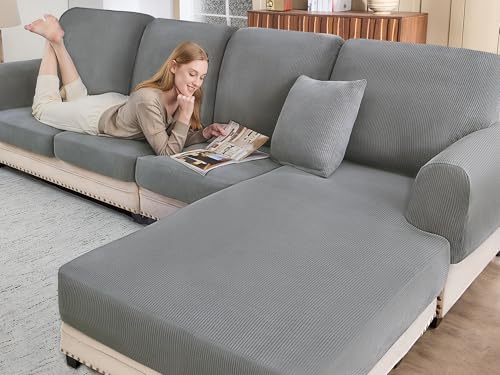 BT.WA Sectional Couch Covers for Sofa Cushion L Shaped Couch Cover Washable Soft Couch Cushion Covers Stretch Sofa Slipcovers with 2 Pcs Pillowcases(4-Piece 3 Seater + 1 Chaise, Light Grey)