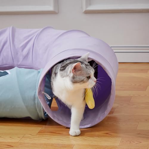 Image of Cat Tunnel, Large Indoor Durable Collapsible Interactive Cat Tube with Peek-A-Boo Hole, Hanging Toys, and Crinkly Paper Lining - Cute Tunnel for Cats, Kittens, Puppies & Rabbits, Purple