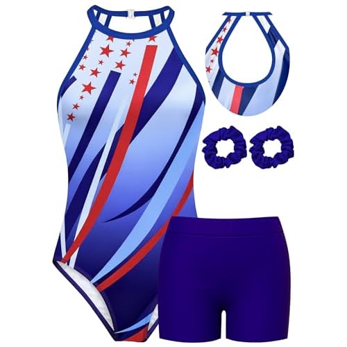 MOLLDAN Gymnastics Leotard for Girls Halter Neck Biketard Unitard Tumbling Activewear for Kids,No Diamond Blue&red Style 5Y(5-6 Years)