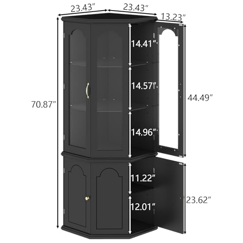 Corner Bar Cabinet w/LED Lights, Tall Modern Wine Cabinet with Tempered Glass Door & Adjustable Shelves, Home Bar Liquor Storage Cabinet with Glass Rack for Living Room, Dining Room (Black)