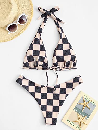 Image of ZAFUL Womens Printed Triangle Bikinis 2 Piece Halter Bikini Sets High Cut Bathing Suit Side Tie Swimsuits