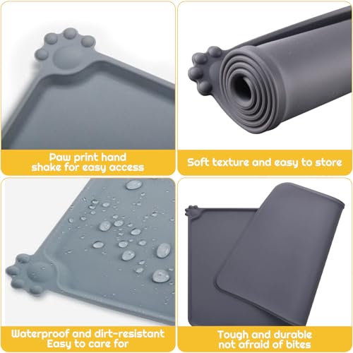 Dog & Cat Food Mat - Non Slip, Waterproof, Silicone Mat with Bowls (47x30cm, Grey) - Image 4