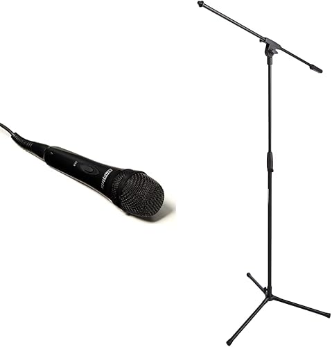 singtrix Micrófono profesional para máquina de karaoke con botón de golpe y soporte de micrófono de altura de pluma ajustable de Tienda Basics con