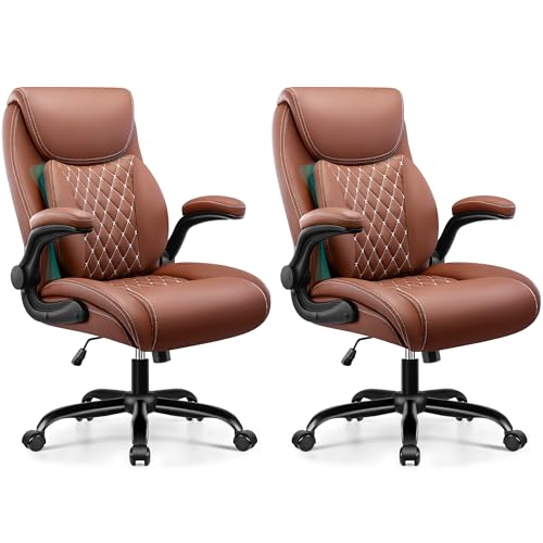 Image of Office Desk Chair, Ergonomic Lumbar Support for Lower Back Pain | Executive Leather Home Chair Comfy with Padded Flip-up Armrests, Brown, 2-Pack