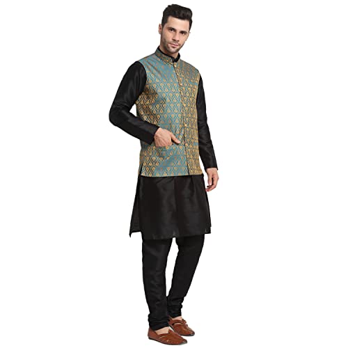 Image of KRAFT INDIA Mens Gold Silk Blend Kurta and Churidar Set With Jacquard Paisley Nehru Jacket