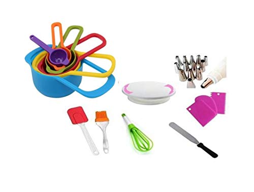 Roult Combo Set 6 Measuring Cups Cake Decorating Set Bag Cake Table Silicone Brush & Spatula Stainless Steel Cake Palette Knife Scraper Egg Beater for Cake Making (C17)
