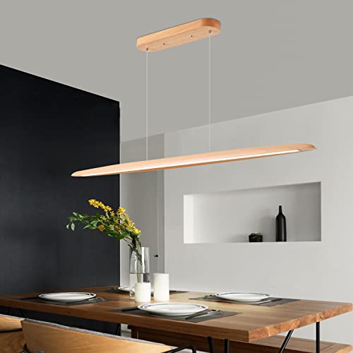 59" Wood Led Linear Pendant Light Mid Century Pendant Dining Light Ceiling Hanging Wood Chandelier Light Fixtures For Kitchen Island Dining Room Pool Table Lights Natural-European Beech #TOP5