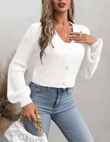 Womens Puff Sleeve Cardigan Long Sleeve Open Front Button Down Knit Sweaters2