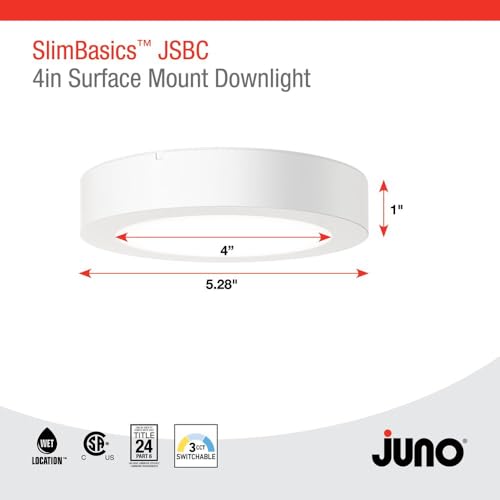 Image of Juno Slim Basics 4 Inch LED Ceiling Light, Low Profile Surface Mount Downlight for Shower or Closet Lighting, 3000K /4000K /5000K Selectable White Light, Edged Trim, Wet Rated, Matte White, 6 Pack