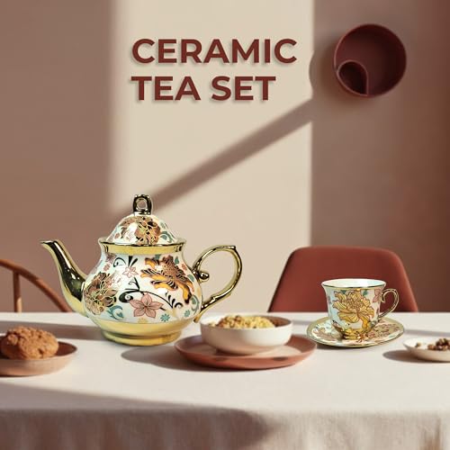 Image of DMRD Ceramic Tea Set -13 Pcs |1Kettle (800 ml), 6 Cups (180ml) & 6 Plates | Microwave & Dishwasher Safe | Elegant Morning Tea Set for Gifting | Floral & Aesthetic Design | Cute Cups Set (White)