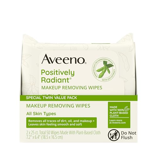 Aveeno Positively Radiant Makeup Remover Wipes, Oil Free, Alcohol Free, Non-Comedogenic Facial Cleansing Wipes, Gentle Face Wipes for Sensitive Skin, Travel Makeup Wipes, Twin Pack, 2 x 25 Ct - Image 6