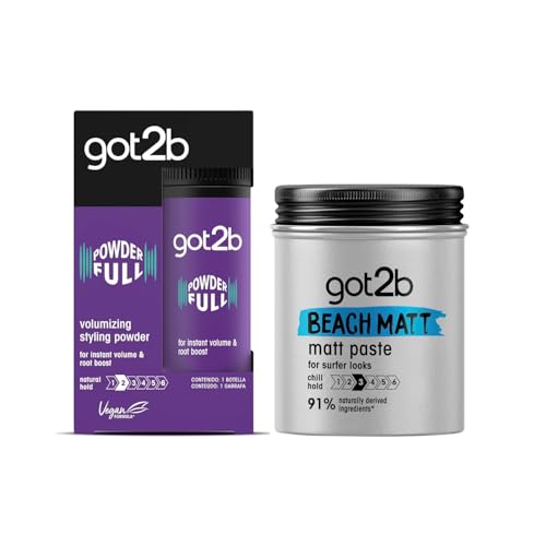 got2b Pack Volumen y Estilo: Polvo Texturizante Powderful 10g Cera Fijadora Beach Matt 100ml, Volumen en la Raíz con Efecto Mate, Fijación Media y Acabado Natural sin Residuos