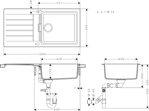 hansgrohe S520-F480 Spülbecken, Einbauspüle mit Abtropffläche, rechteckige Küchenspüle 980x480 mm, Waschbecken Küche für Unterbau ab 60 cm, Graphitschwarz