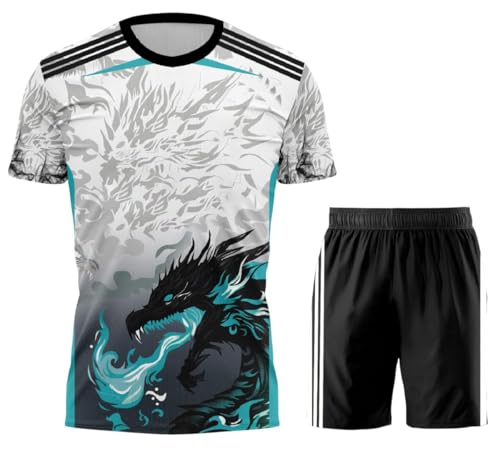 Image of Sports Soccer New Boys Madrd New Season Dragon Fire Print Ronaldo 7 Football Jersey Set with Shorts (Kid's,Boy's & Men)