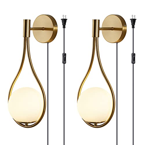 Modo Lighting Glass Ball Wall Sconce Plug in Mid Century Modern Drop Design Wall Light Brushed Brass Gold Wall Lamps for Bedside Living Room (with Plug in 2 Pack) by KCO - Used condition - US$88.99
