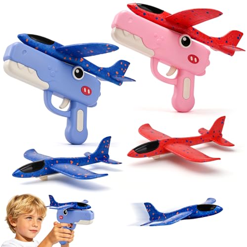 LTFIOON 4 Piezas Avión de Poliestireno para Niños con 2 Pistolas de Tiro, Avión Planeador con Lanzador – 2 en 1 Aviones de Poliespan, Regalo de Cumpleaños para Niños y Niñas a Partir de 3 años