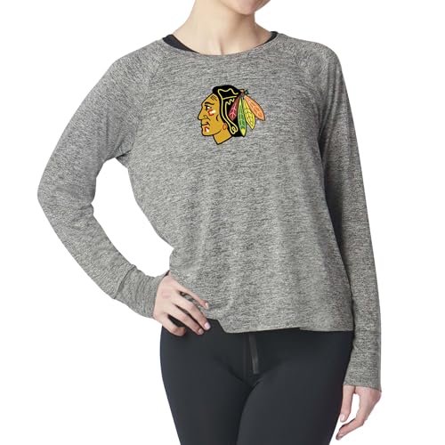 Northwest NHL Chicago Blackhawks Women's Kadi Raglan Long Sleeve Performance Shirt with Stretch Fabric, Athletic Fit and Team Logo, Heather Grey, X-Large