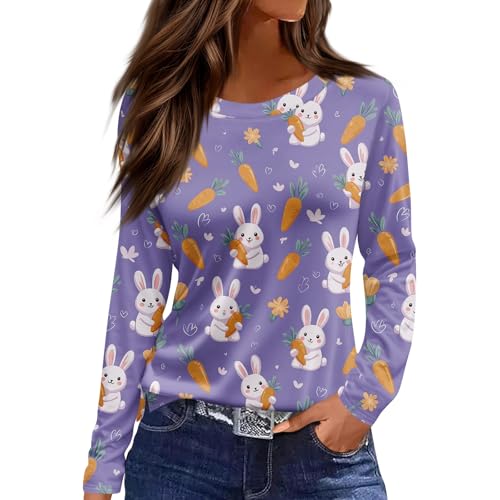 Tie Dye Easter Shirt,Women Fashion Split Hem Shirt Casual Funny Bunny Print Crew Neck Long Sleeve Top Easter Day T-Shirt（01-Purple,X-Large）