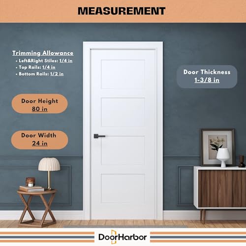 24\" x 80\" Interior Wood Door Slab, 4-Panel Shaker, Left Handing, Solid Core, White Primed, with Pre-Drilled Holes, for Closet, Pantry, Bedroom, and Office Door Use (Not Prehung) - Thumbnail 5
