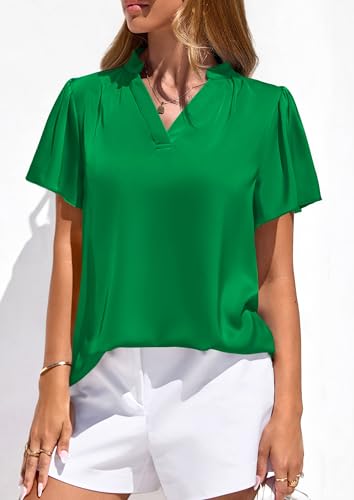 PRETTYGARDEN Women's 2026 Summer Satin Blouses Dressy Casual Ruffle Cap Sleeve V Neck Business Work Cute Tops Spring Outfits (Green,Large) — view 5