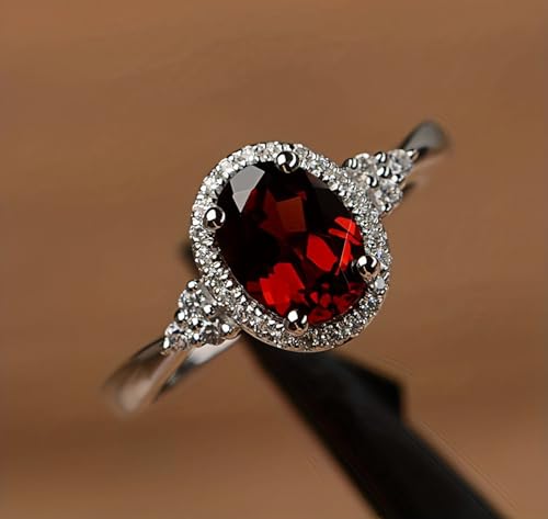 Women’s Engagement Wedding Ring, Silver-Plated Band with Red Oval Gemstone and Cubic Zirconia Accents