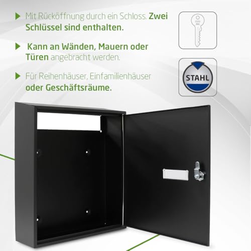 Amig – Briefkasten für den Innenbereich | zum Anbringen an Wänden, Wänden oder Türen | Stahl | Schwarz | 40x36x10 cm | Öffnung: 5 x 31,5 cm