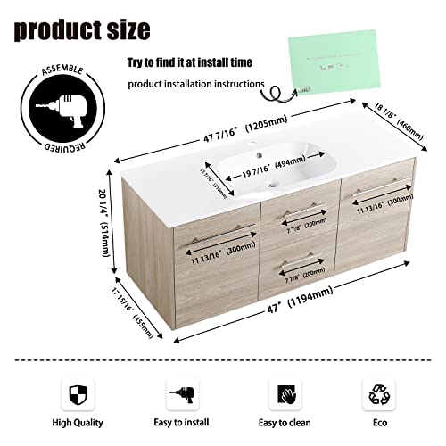 Beingnext 48 Inch Floating Bathroom Vanity With Sink, 48'' Single Sink Wall Mounted Bathroom Vanity, With 2 Drawers, 2 Doors And White Resin Basin Sink Top #TOP1
