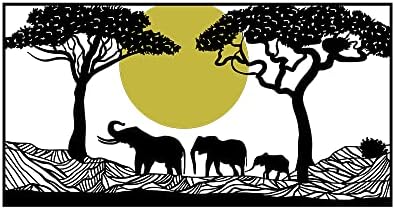 LIVIQON Elephant Family Decor, Metal Wall Art, Gold Sun Detail, Wall Hanging, Forest Wall Art, Elephant Gift, Gift for Family (27" W x 14" H / 70x36cm)