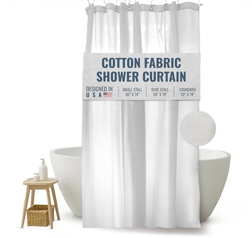FABRIC SHOWER CURTAIN LINER - Standard Bathtub Size - A Stylish Quality Bathroom Drape - Earth Friendly, Non-Toxic + Odor-Free Cotton Liner - Light-Weight Washable White Shower Curtain - 70x74 WC