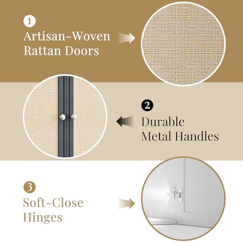 Image of Laundry Room Cabinets 24INCH Bathroom Cabinets Wall Mounted with Adjustable Shelves, Rattan Wall Cabinet for Bedroom, Kitchen, Bathroom, Black