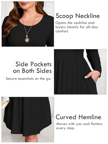 Image of AusLook Women's Plus Size Long Sleeve Midi Dress Casual Empire Waist Loose Flowy Dresses A-Line Boho Long Dress with Pockets