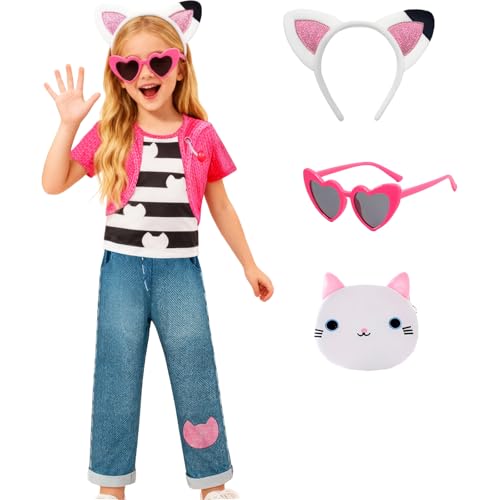 VORLITS Girls Birthday Outfit set Playful Cat Themed With Headband Coin Purse Funny Sunglasses 5 Pcs For Dress Up